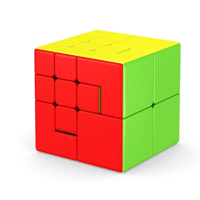 A colorful speed cube with red and lime green faces, shown from above.