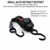 Black auto retract ratchet tie-down straps with webbing and hooks displayed on a white background.
