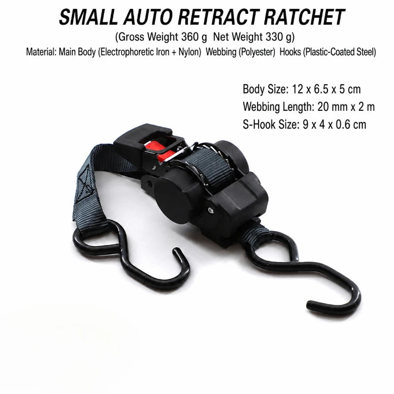 Black auto retract ratchet tie-down straps with webbing and hooks displayed on a white background.