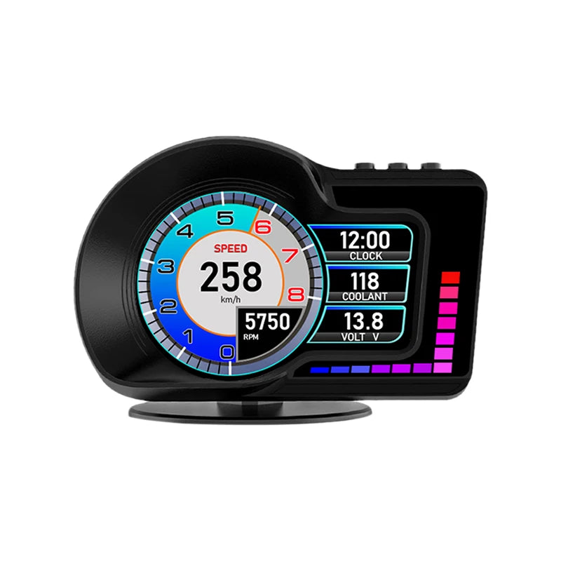 Black automotive head-up display showing speed 258 km/h, RPM, and voltage readings.