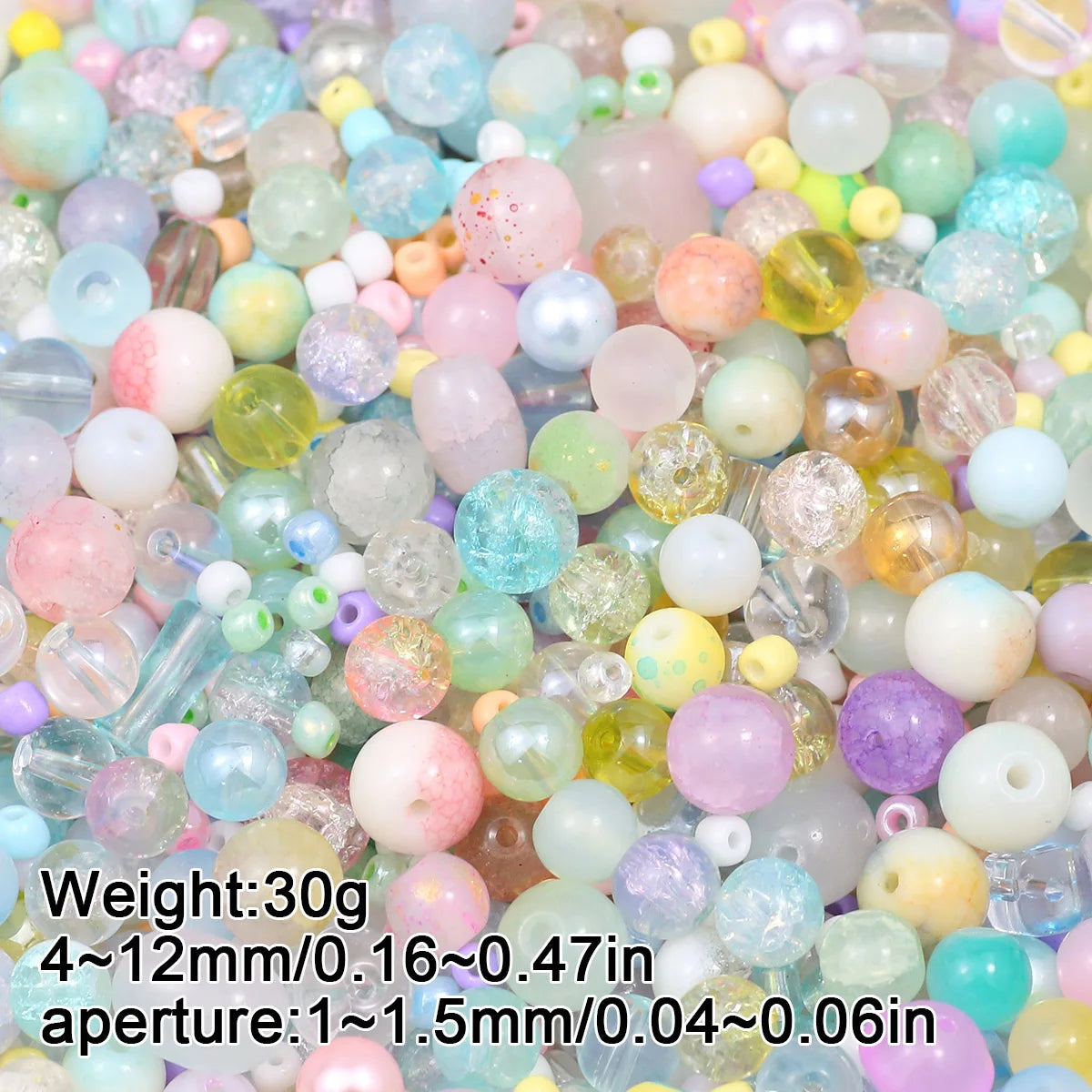 A close-up view of mixed colored glass beads in various sizes and shapes for jewelry making
