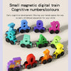 A set of small magnetic wooden trains featuring numbers and colours for early childhood education.