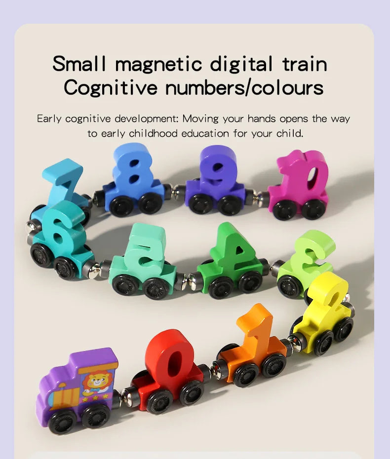 A set of small magnetic wooden trains featuring numbers and colours for early childhood education.