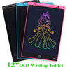 A pink 12-inch LCD writing tablet is shown alongside a black and blue tablet.