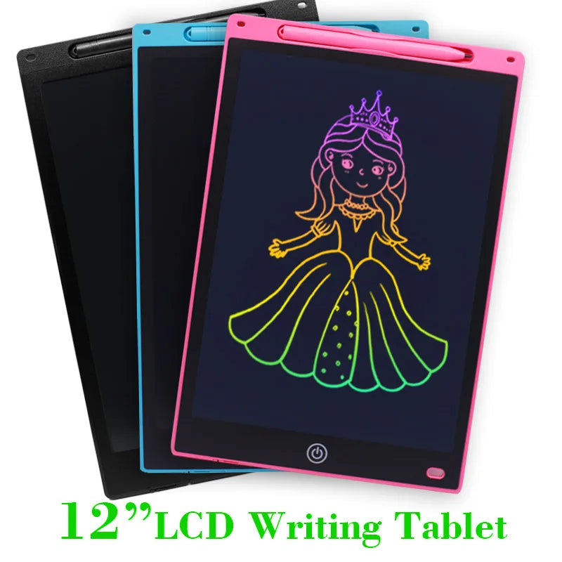 A pink 12-inch LCD writing tablet is shown alongside a black and blue tablet.