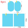 Four pieces of clear anti-fog and rain-repellent car mirror film with specified dimensions.