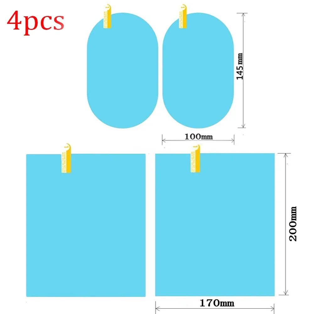 Four pieces of clear anti-fog and rain-repellent car mirror film with specified dimensions.