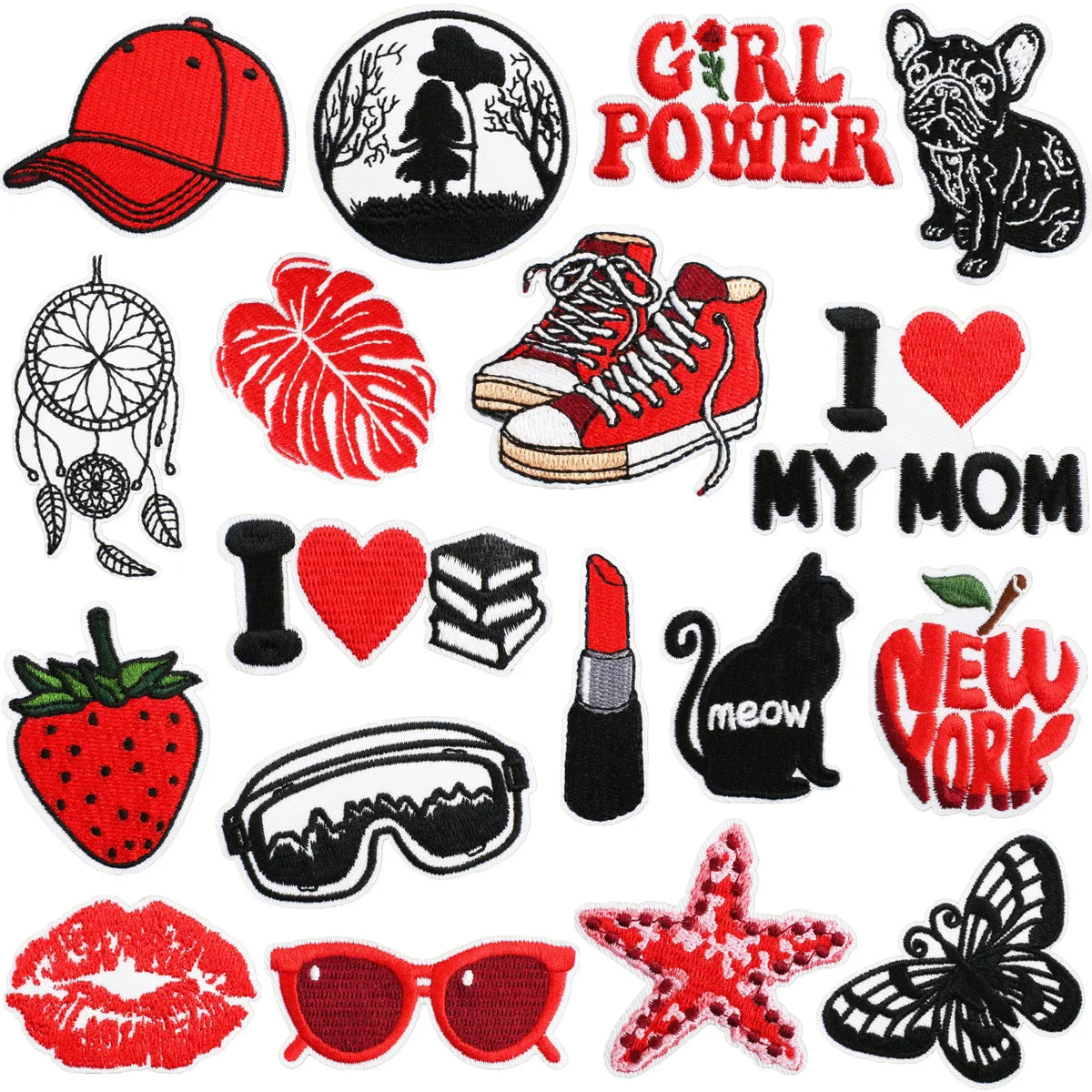 Red 3D Embroidered Iron-On Patches for Clothing & Crafts