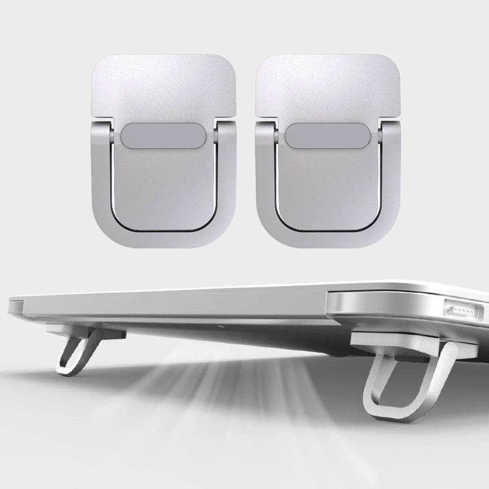 Two silver aluminum portable laptop stands shown from above and a side view.
