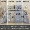 A set of butterfly print duvet covers and pillowcases shown in various light settings: dim, warm, cold, and natural.