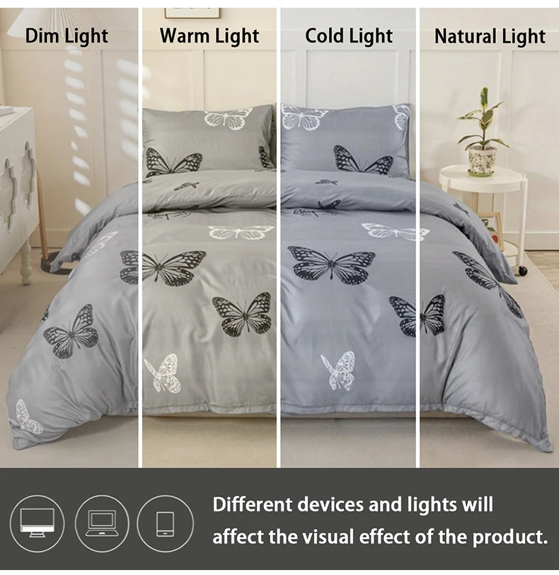 A set of butterfly print duvet covers and pillowcases shown in various light settings: dim, warm, cold, and natural.