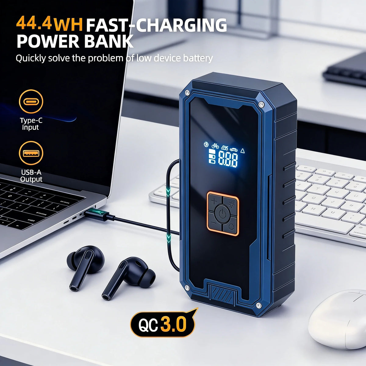 A black portable power bank with a Type-C and USB-A output is shown next to a laptop and accessories.