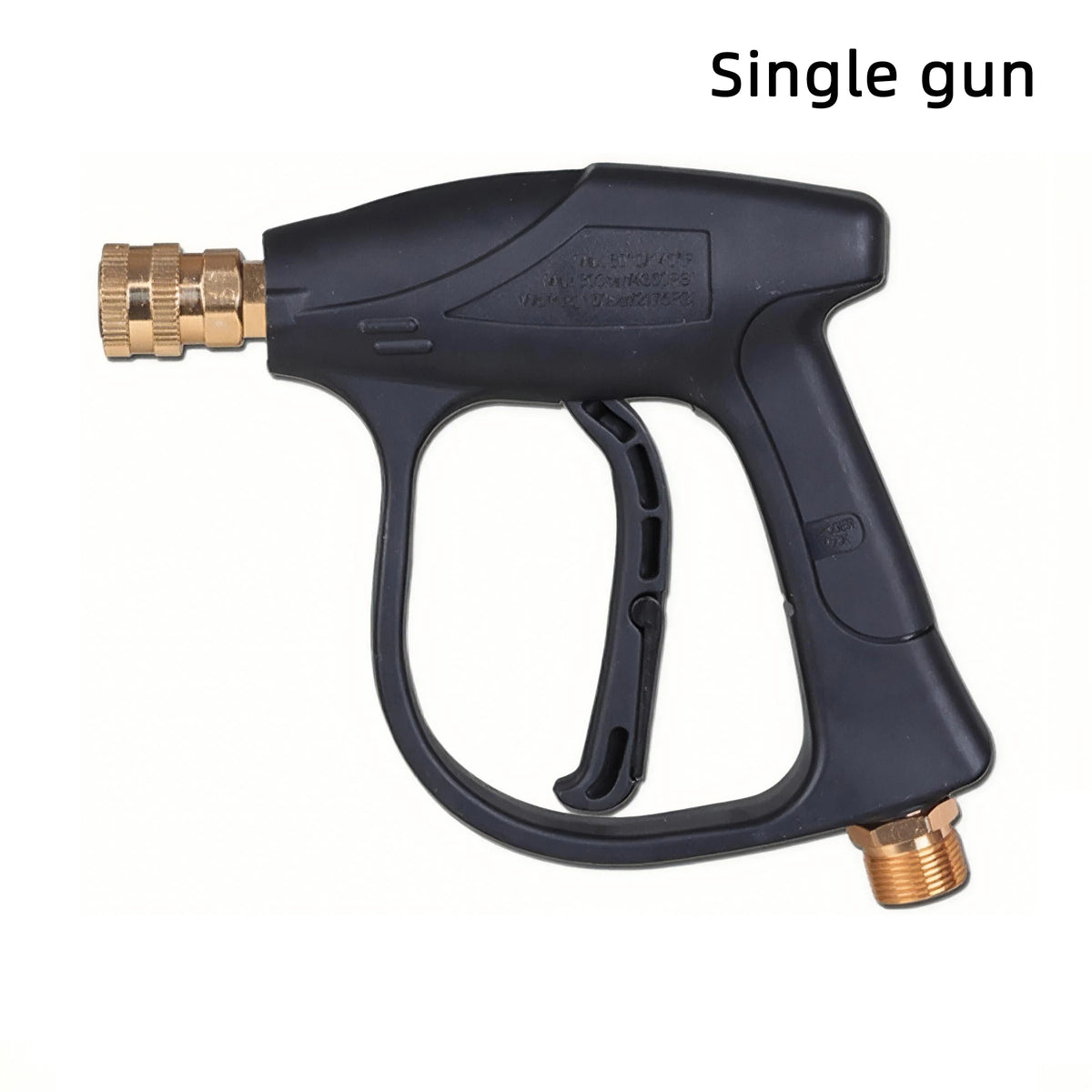 A black single gun high pressure washer with brass fittings and a handle.