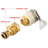 A garden hose tap adapter showing a conversion from one type to another using a universal joint.