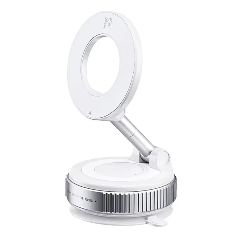 A white magnetic car phone mount with a rotating mechanism and vacuum suction base.