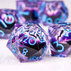 A close-up of a set of liquid core resin dice showing purple and blue dragon eye designs.