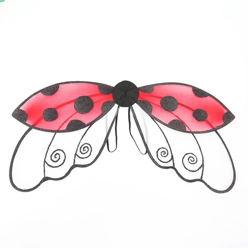 A red ladybug wing costume set featuring large red wings with black polka dots and a black center piece.