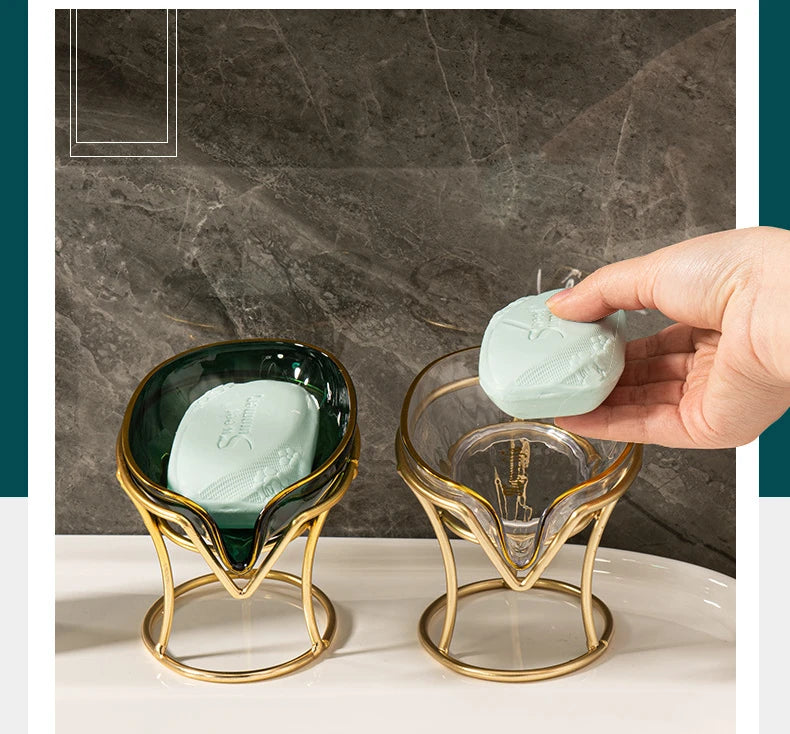 Leaf-Shape Self-Draining Soap Dish with Metal Bracket