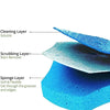 Cross-section diagram showing the layers of a disposable toilet brush including cleaning, scrubbing, and sponge layers.