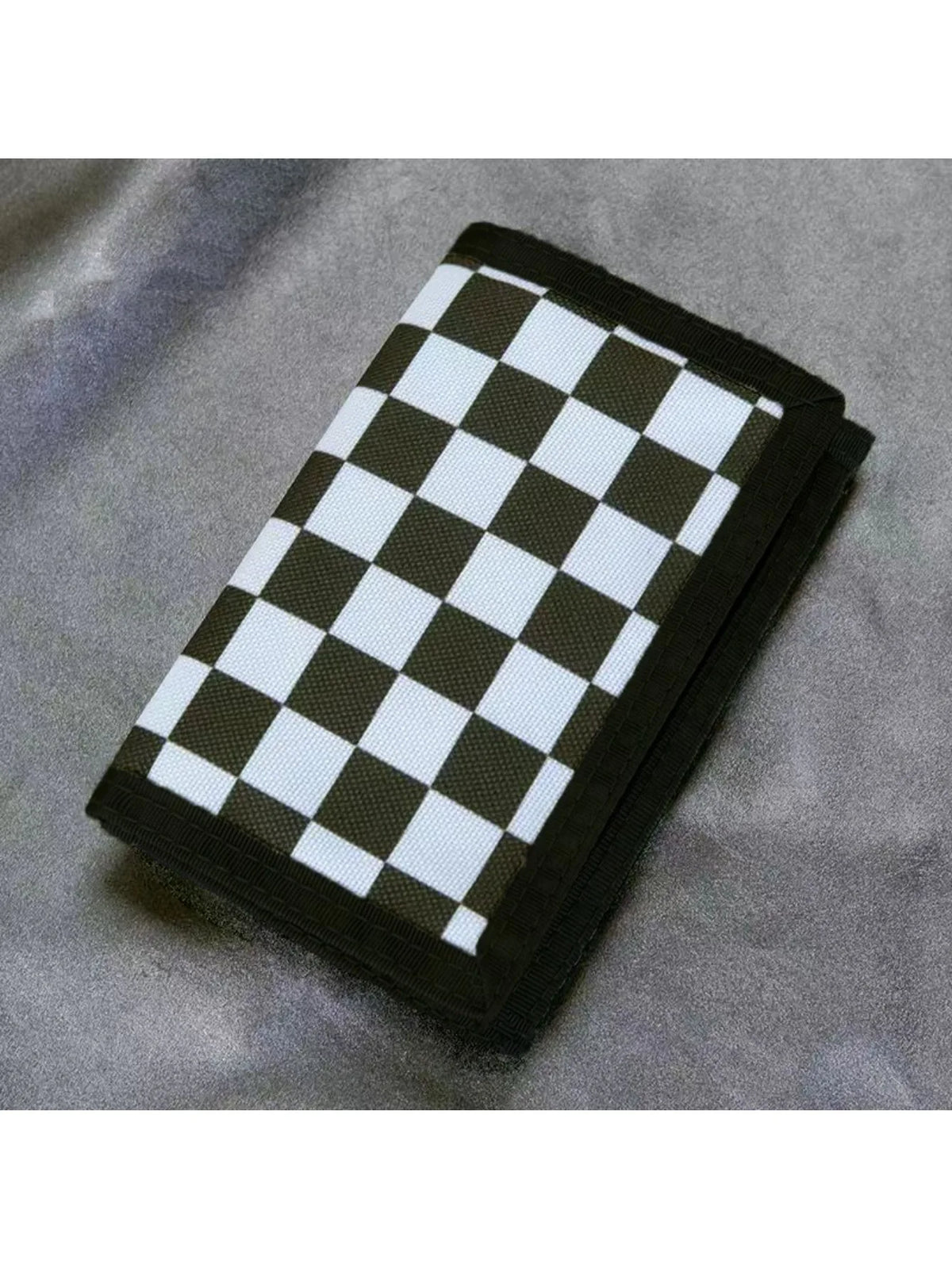 Checkered Print Compact Tri-Fold Wallet with ID Window