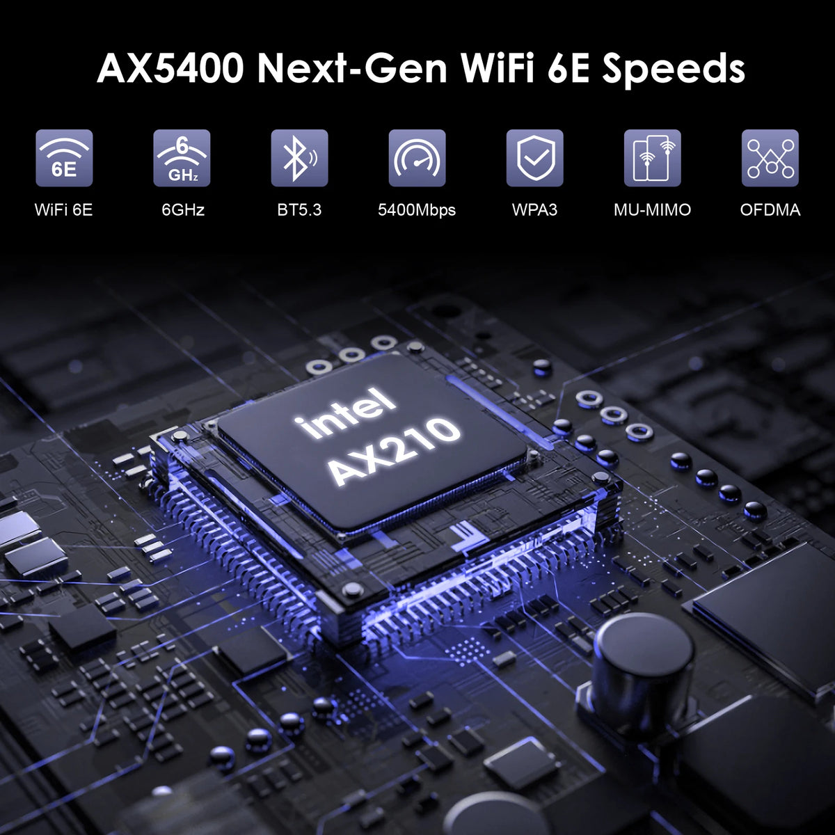 Close-up view of an Intel AX210 Wi-Fi 6E PCIe network card on a circuit board.