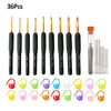 A set of 36 ergonomic crochet hooks in various colors and sizes with soft grip handles.