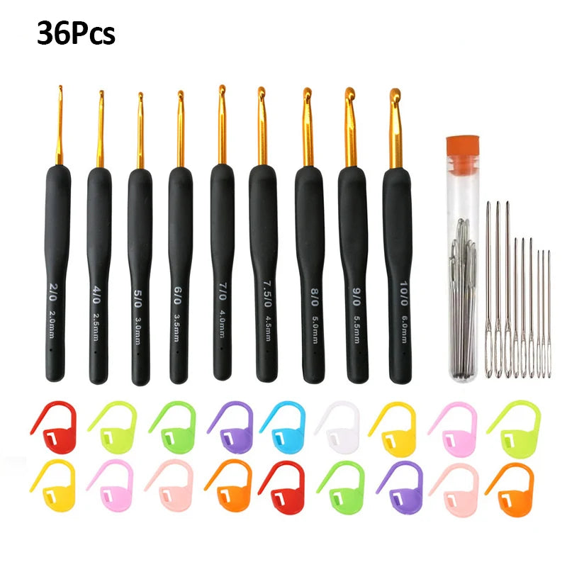A set of 36 ergonomic crochet hooks in various colors and sizes with soft grip handles.