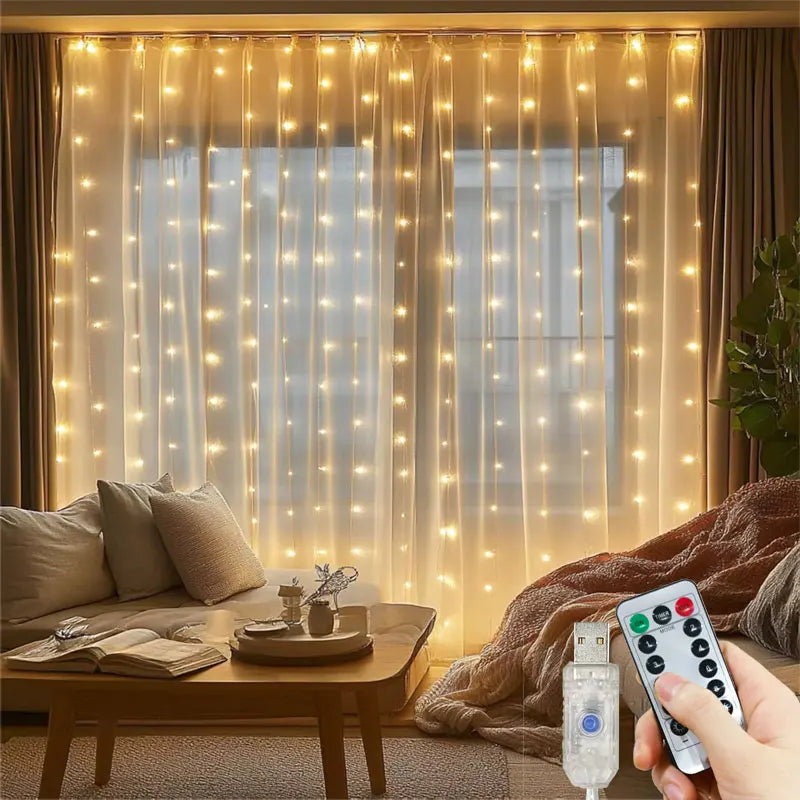 USB LED curtain lights with remote illuminating a window with sheer fabric and warm lighting