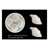 A set of shell and starfish fondant molds for cake decorating, shown in a petri dish and as individual pieces.