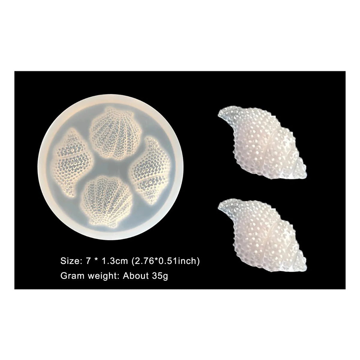 A set of shell and starfish fondant molds for cake decorating, shown in a petri dish and as individual pieces.
