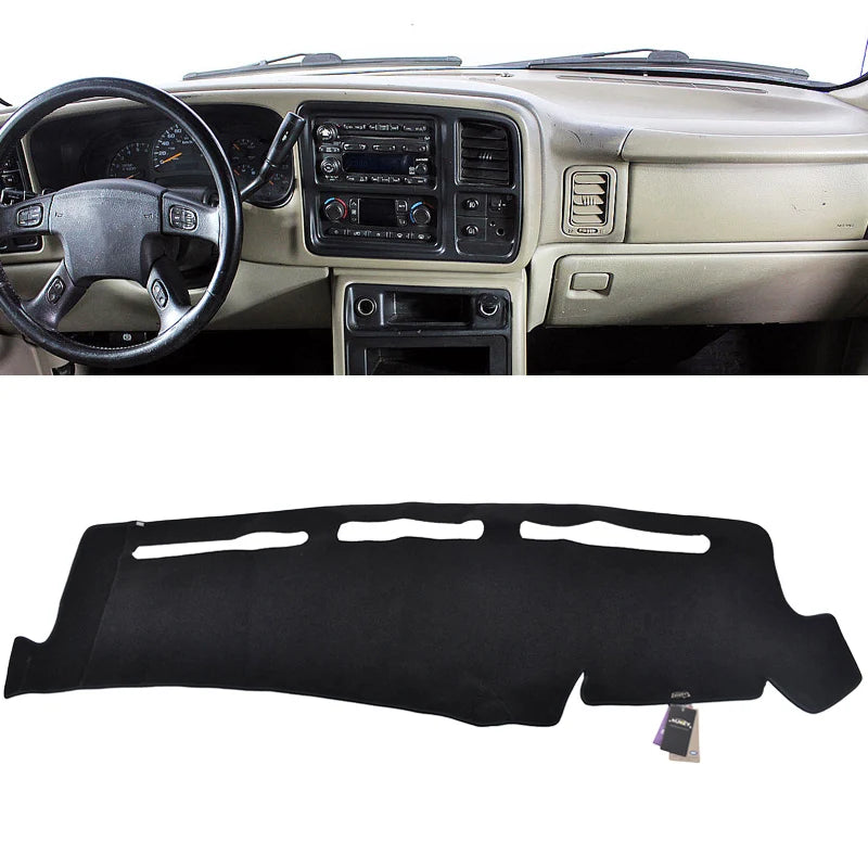 Black custom-fit dashboard cover for a 1981-2020 Chevy or GMC truck/SUV interior.