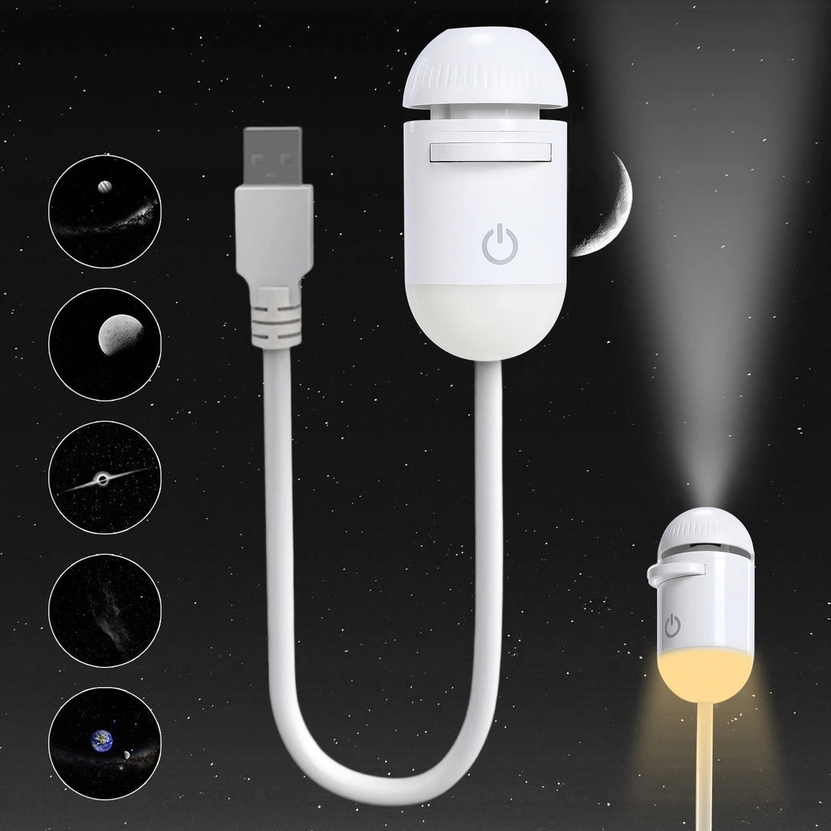 A white 2-in-1 mini projector night light with a USB connector and a light source illuminating a dark background.