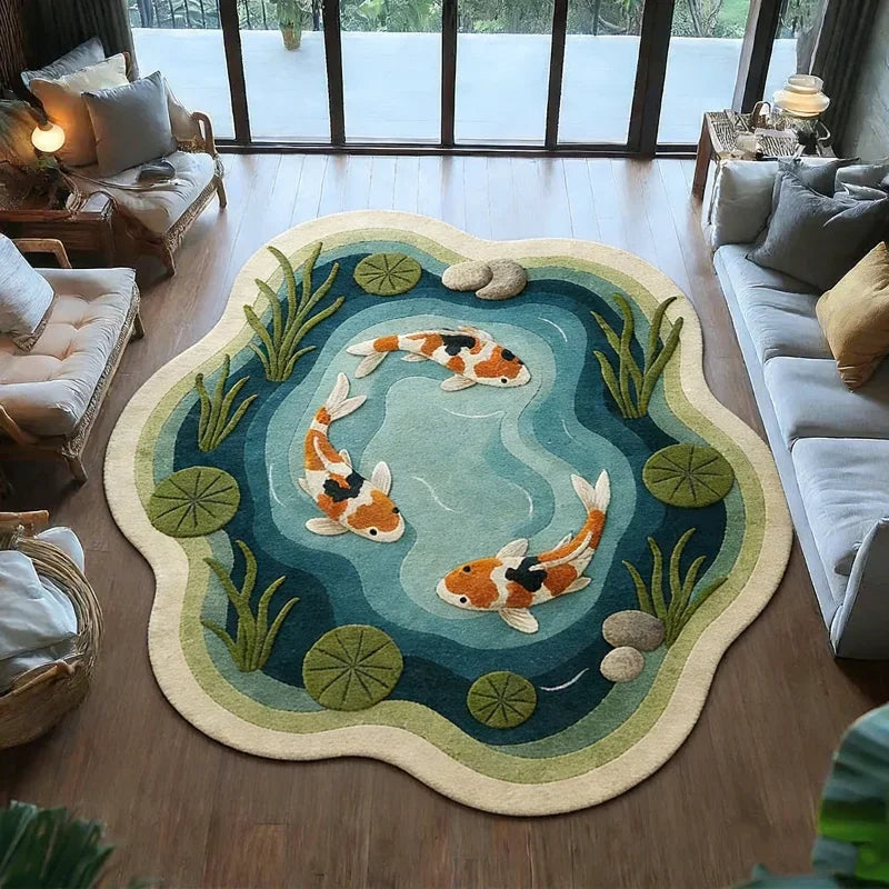 Round Non-Slip Koi Fish Pattern Plush Rug