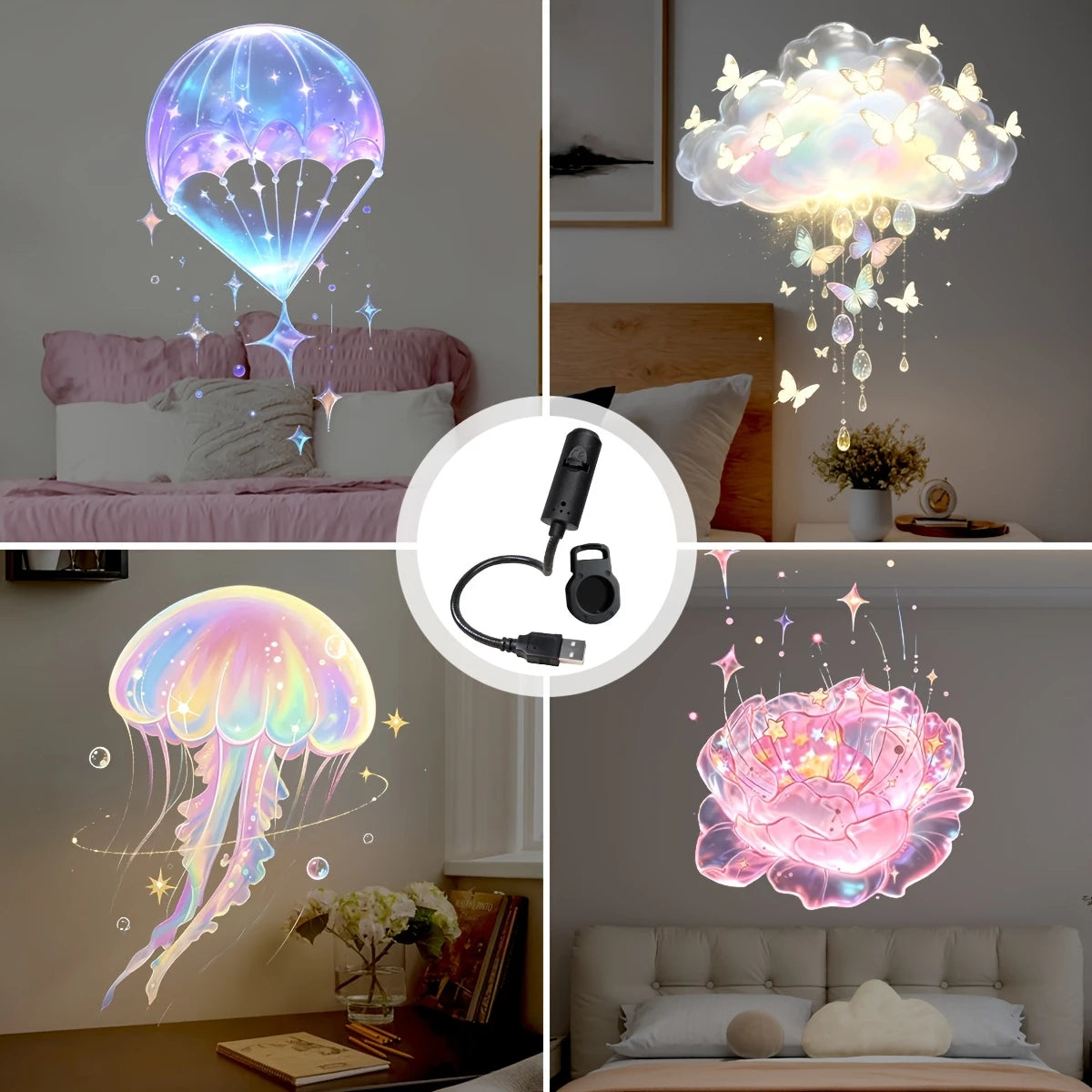 LED USB projector light displaying adjustable whale, butterfly, and star patterns illuminating a room.