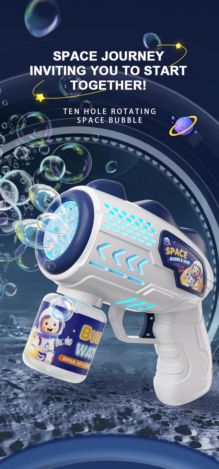 A white bubble gun toy featuring a rotating space bubble mechanism and an astronaut design.