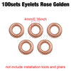 A set of 100 rose golden 4mm metal eyelets shown in various views.