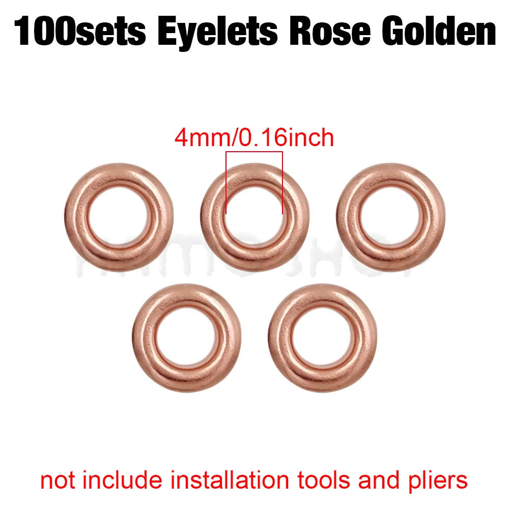 A set of 100 rose golden 4mm metal eyelets shown in various views.