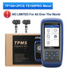 A blue XTOOL TP150 diagnostic tool and two replacement metal sensors are shown next to its packaging.