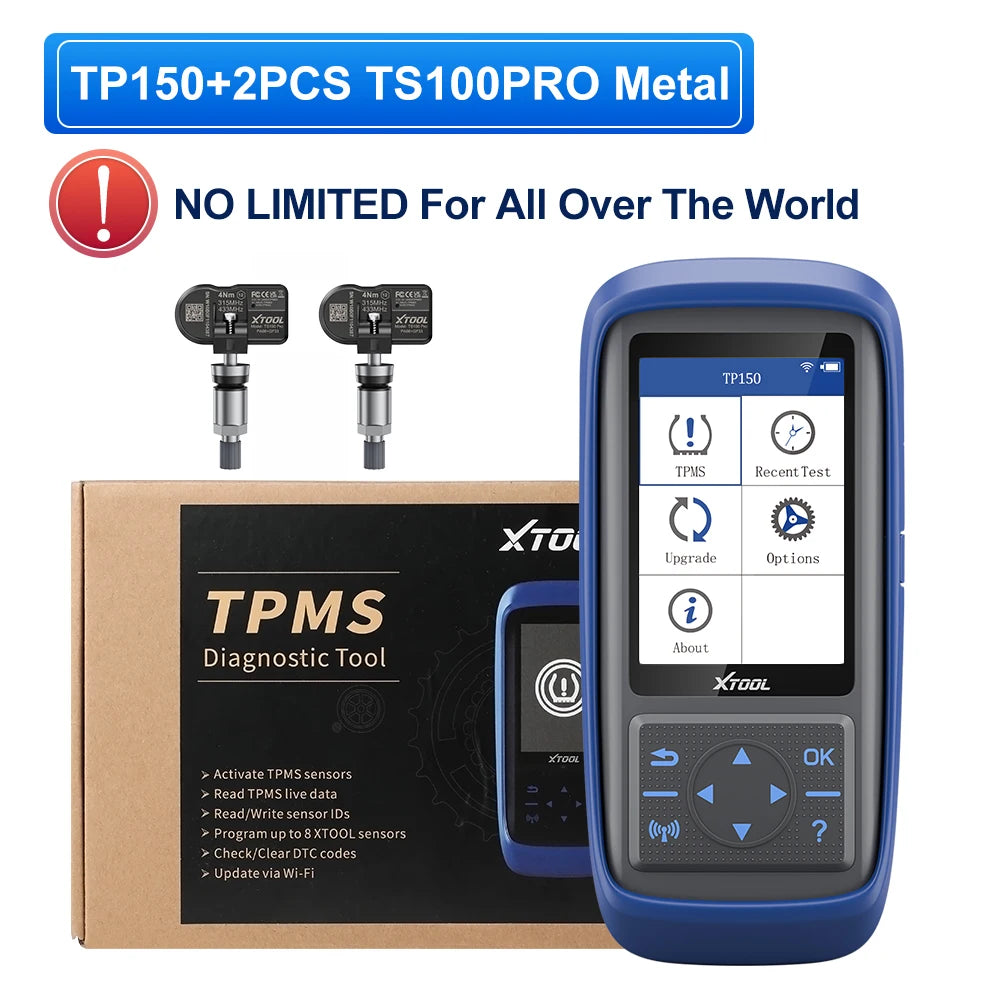 A blue XTOOL TP150 diagnostic tool and two replacement metal sensors are shown next to its packaging.