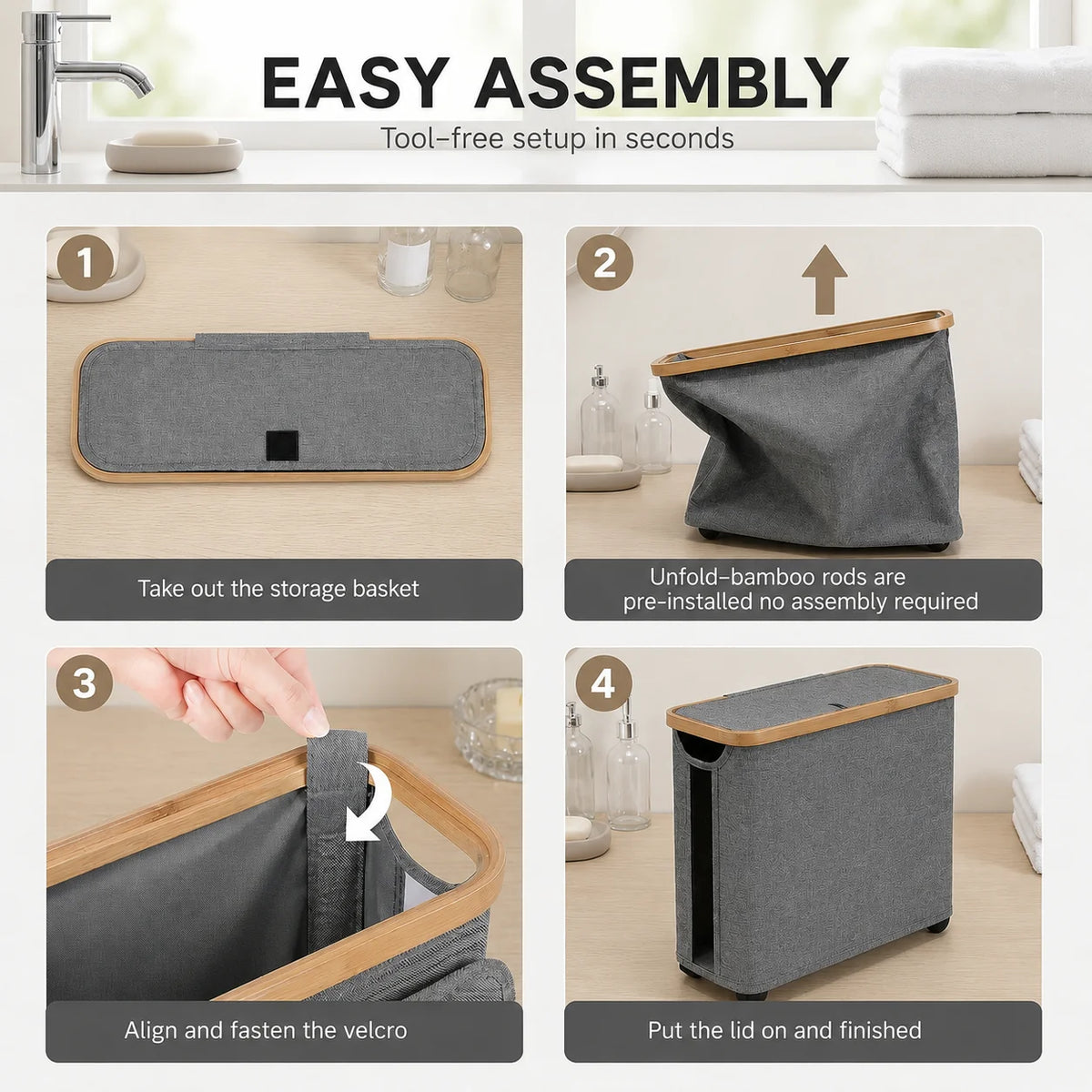 Step-by-step instructions showing how to easily assemble a bamboo-framed toilet paper storage basket with a lid.