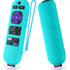 A turquoise silicone remote cover for a Roku device shown next to the detached cord.