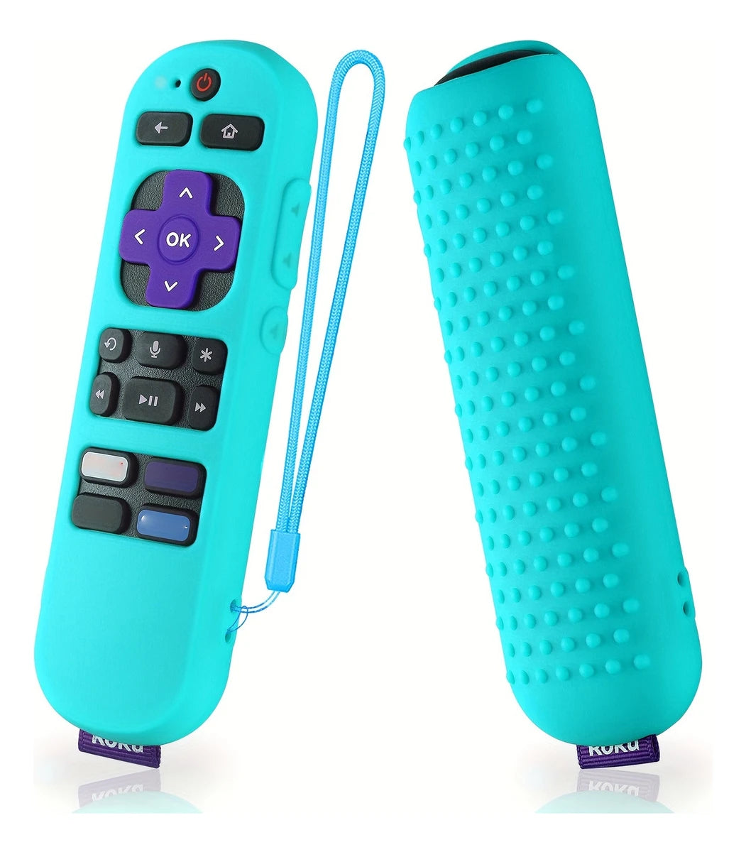 A turquoise silicone remote cover for a Roku device shown next to the detached cord.