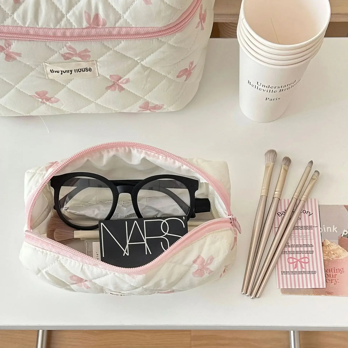 Bow Print Makeup Bag with Large Capacity
