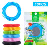 A set of ten colorful silicone bracelets for mosquito repellent, including blue, red, yellow, green, blue, and pink.
