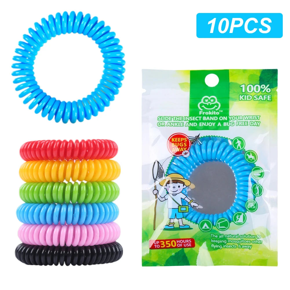 A set of ten colorful silicone bracelets for mosquito repellent, including blue, red, yellow, green, blue, and pink.