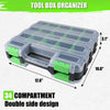 A clear plastic tool box organizer with a double-sided design and 34 compartments shown from the side.