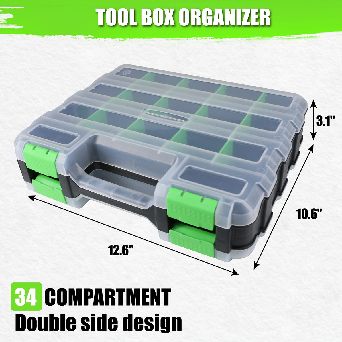 A clear plastic tool box organizer with a double-sided design and 34 compartments shown in a top-down view.