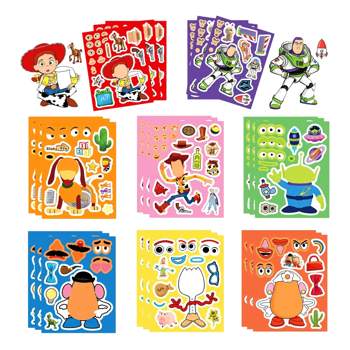 A collection of reusable stickers featuring characters from Toy Story including Woody, Buzz Lightyear, and other friends.