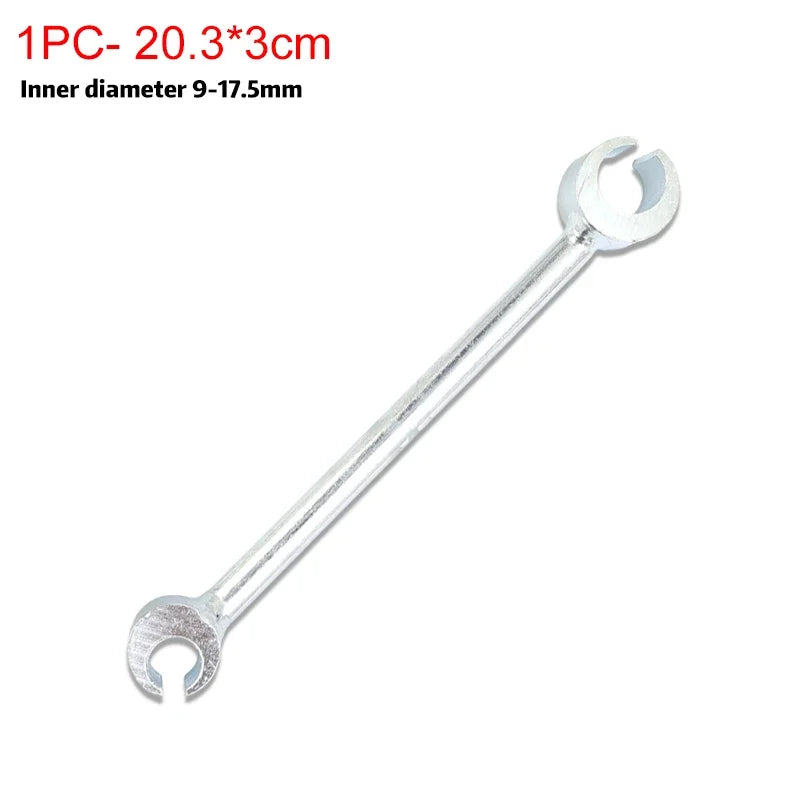 A silver double-ended door hinge adjustment wrench with an inner diameter of 9-17.5mm.