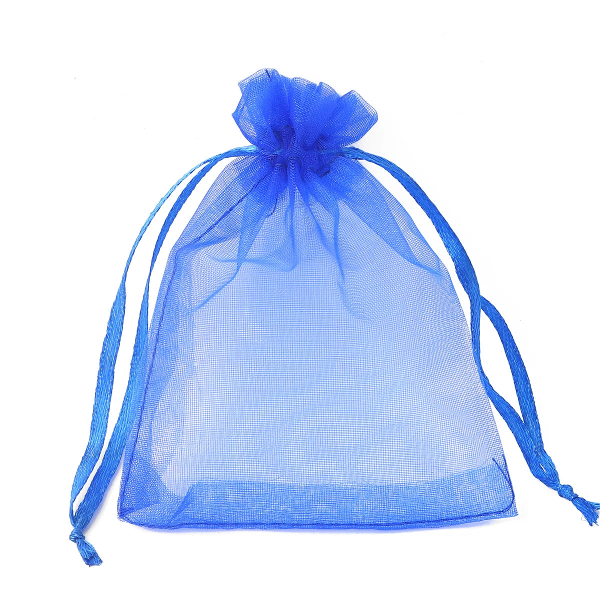 A clear blue organza drawstring gift bag with a gathered top and long ties.